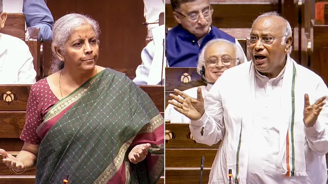 Union Finance Minister Nirmala Sitharaman and LoP in Rajya Sabha Mallikarjun Kharge speak in the House during the Monsoon session of Parliament, in New Delhi, Wednesday, July 24, 2024.