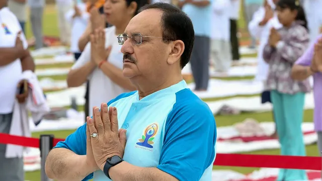 Union Minister JP Nadda performs yoga at Yamuna Sports Complex on the 10th International Day of Yoga, in New Delhi, Friday, June 21, 2024.