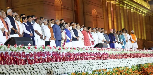 President Droupadi Murmu and Vice President Jagdeep Dhankhar with Prime Minister Narendra Modi and other ministers at the swearing-in ceremony of new Union government, at Rashtrapati Bhavan in New Delhi, Sunday, June 9, 2024.