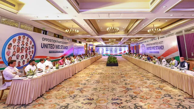 Congress President Mallikarjun Kharge, senior party leaders Sonia Gandhi, Rahul Gandhi, West Bengal CM Mamata Banerjee, Tamil Nadu CM MK Stalin and others during opposition parties' meet, in Bengaluru, Monday, July 17