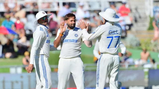 India’s Mukesh Kumar (centre) celebrates the wicket of South Africa’s Tony de Zorzi during day 1 of the 2nd Test match at Newlands Cricket Ground on Wednesday in Cape Town