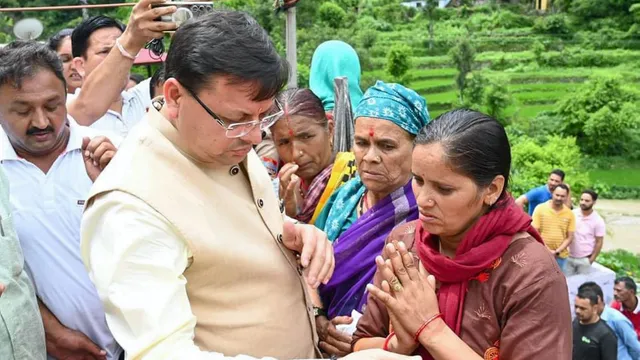 Uttarakhand Chief Minister Pushkar Singh Dhami meets the family members of the deceased in the disaster-affected areas of Tehri Garhwal