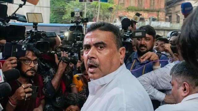 BJP leader Suvendu Adhikari after police prevented him from entering Raj Bhavan to meet West Bengal Governor C V Ananda Bose with alleged victims of post-poll violence, in Kolkata, Thursday, June 13, 2024.