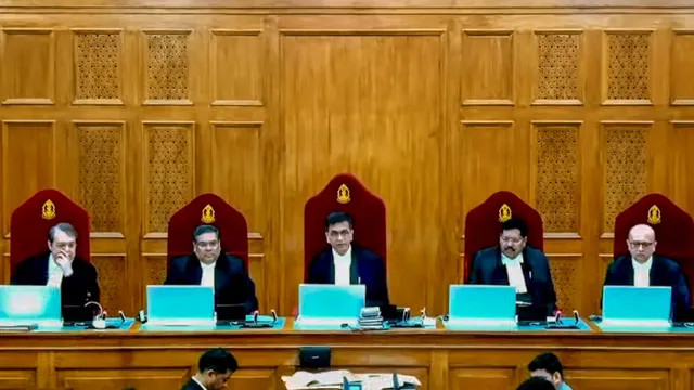 The five-judge bench headed by Chief Justice of India Dr D.Y. Chandrachud during pronouncement of verdict on electoral bond scheme