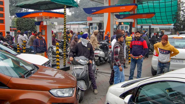 Heavy rush at a petrol pump following nationwide strike of oil tankers over new provisions regarding hit-and-run cases under Bharatiya Nyaya Sanhita, in Amritsar, Tuesday, Jan. 2, 2024.