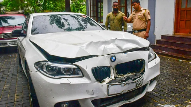 A damaged BMW car that was involved in an accident, parked on the premises of Worli police station, in Mumbai, Sunday, July 7, 2024.