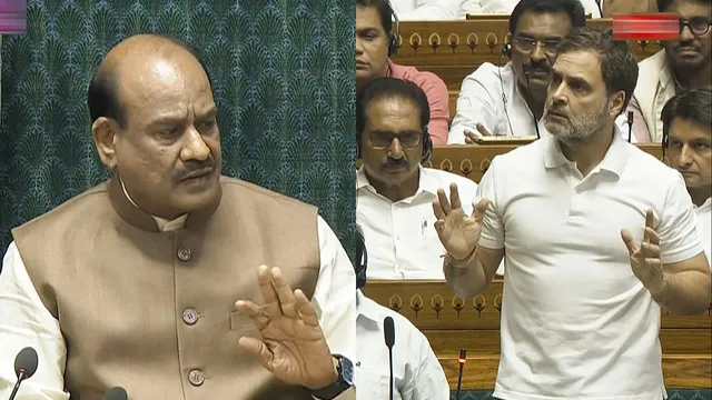 Lok Sabha Speaker Om Birla reacts as Leader of Opposition Rahul Gandhi speaks in the House during ongoing Parliament session, in New Delhi, Monday, July 1, 2024.