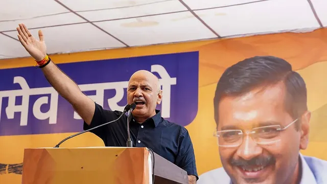 AAP leader Manish Sisodia addresses party workers a day after his release from Tihar jail on bail, at party office in New Delhi