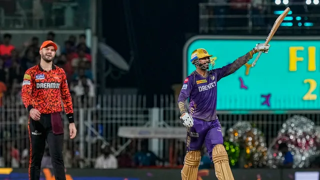 Kolkata Knight Riders batter Venkatesh Iyer celebrates his half-century during the Indian Premier League (IPL) 2024 final cricket match between Sunrisers Hyderabad and Kolkata Knight Riders at MA Chidambaram Stadium, in Chennai, Sunday, May 26, 2024.