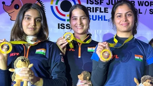 Esha Singh, Rhythm Sangwan and Manu Bhaker after winning Asian Games Gold