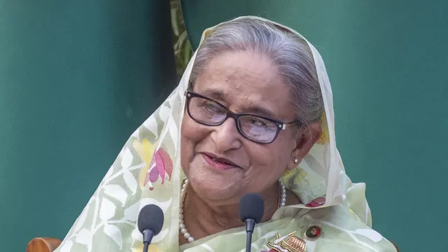 In this file photo from January 8, 2024, Bangladesh Prime Minister Sheikh Hasina addresses a meeting with foreign observers and journalists in Dhaka, Bangladesh