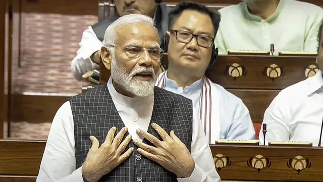 Prime Minister Narendra Modi replies to the Motion of Thanks on the President's Address in the Rajya Sabha during the ongoing Parliament session, in New Delhi, Wednesday, July 3, 2024.