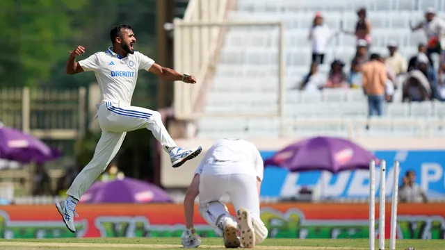 India's Akash Deep celebrates the wicket of England's Zak Crawley on the first day of the fourth Test cricket match between India and England