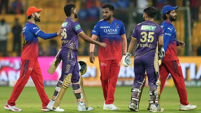 KKRs' captain Shreyas Iyer and Rinku Singh being congratulated by RCB's players after winning the IPL 2024 T20 cricket match between RCB and KKR