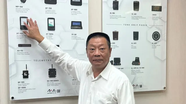 Hsu Ching-kuang, chairman of Apollo Gold, talks about the Taiwan company's communication products at the headquarters in New Taipei City