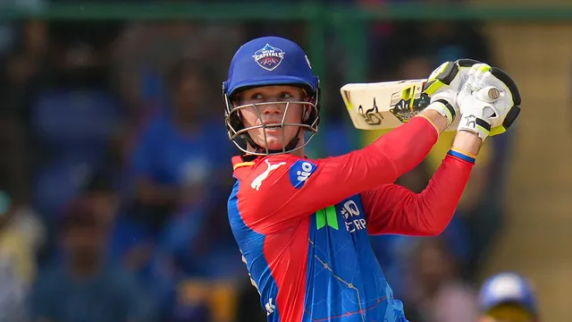 Delhi Capitals batter Jake Fraser-McGurk plays a shot during the Indian Premier League (IPL) T20 cricket match between Delhi Capitals and Mumbai Indians, at Arun Jaitley Cricket Stadium in New Delhi, Saturday, April 27, 2024