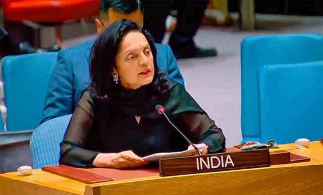 India’s Permanent Representative to the United Nations Ruchira Kamboj speaks during the United Nations Security Council (UNSC) meeting