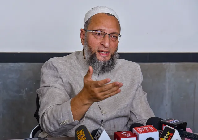 All India Majlis-E-Ittehadul Muslimeen (AIMIM) chief Asaduddin Owaisi addresses a press conference, in Hyderabad