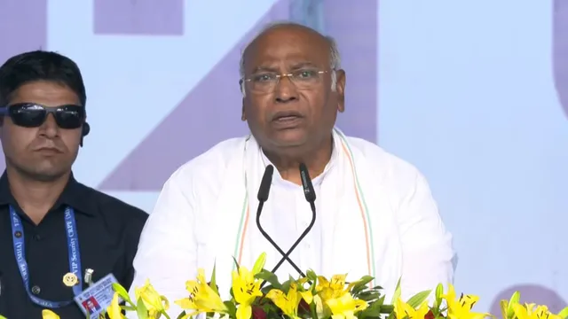 Congress chief Mallikarjun Kharge addressing INDIA bloc rally at Ramlila ground in New Delhi