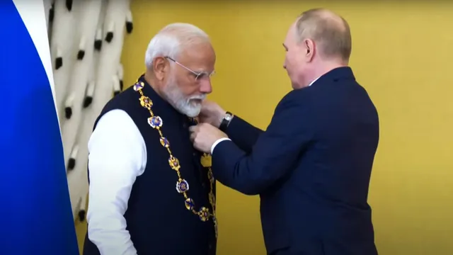 Prime Minister Narendra Modi being conferred the highest civilian award of Russian Federation, Order of St Andrew the Apostle, by Russian President Vladimir Putin, in Moscow, Russia, Tuesday, July 9, 2024.