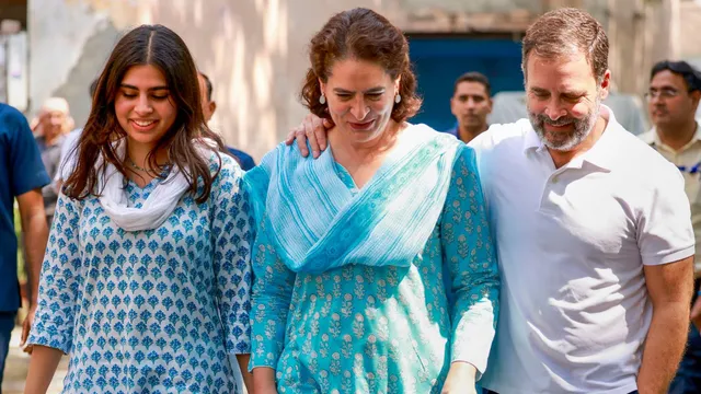 Congress leader Priyanka Gandhi with Miraya Vadra and brother Rahul Gandhi arrives to cast her vote at a polling booth during the sixth phase of Lok Sabha elections, in New Delhi, Saturday, May 25, 2024