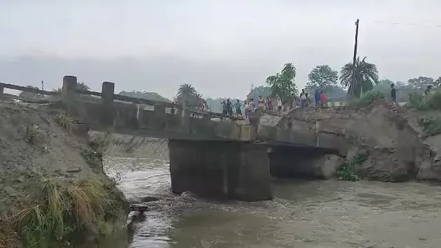 A view of the collapsed bridges amid heavy rain in Bihar's Siwan district on Wednesday