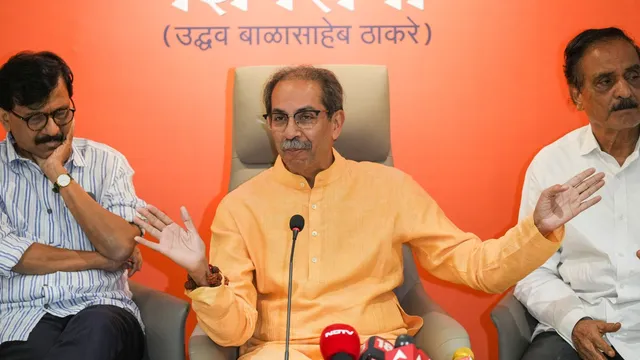 Shiv Sena (UBT) chief Uddhav Thackeray addresses a press conference at the Shiv Sena Bhavan amid the counting of votes for the Lok Sabha elections, in Mumbai, Tuesday, June 4, 2024