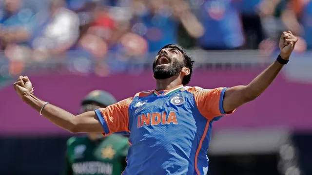 India's Jasprit Bumrah celebrates the dismissal of Pakistan's captain Babar Azam during the ICC Men's T20 World Cup cricket match between India and Pakistan at the Nassau County International Cricket Stadium in Westbury, New York, Sunday, June 9, 2024.