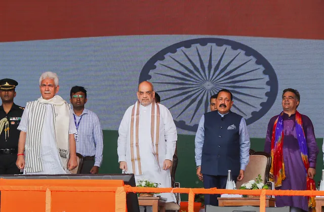 Union Home Minister Amit Shah with Jammu and Kashmir Lt Governor Manoj Sinha in Jammu