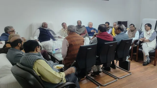 Congress President and Leader of the Opposition in Rajya Sabha Mallikarjun Kharge in a meeting with other opposition leaders