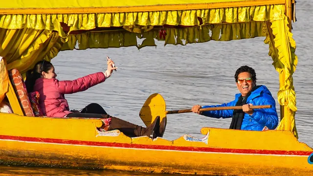 Cricketing great Sachin Tendulkar with his family takes a 'shikara' ride, at Dal Lake in Srinagar