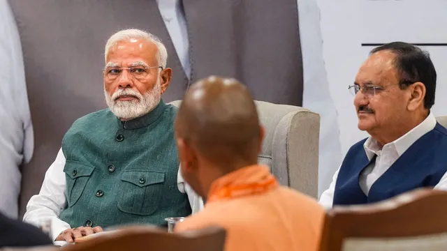 Prime Minister Narendra Modi with Union Minister and BJP National President JP Nadda during a meeting with Chief Ministers of the NDA-ruled states, at BJP headquarters, in New Delhi, Saturday, July 27, 2024.