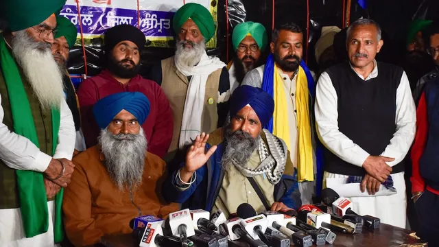 Sarwan Singh Pandher with others addresses the media during the ongoing farmers’ protest over various demands, including a legal guarantee of minimum support price (MSP) for crops, at the Punjab-Haryana Shambhu Border, in Patiala district, Saturday, Feb. 17, 2024