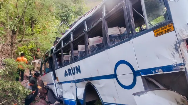 The damaged bus after it plunged into a gorge following an alleged attack by suspected terrorists, in Reasi district of Jammu and Kashmir, Sunday, June 9, 2024.