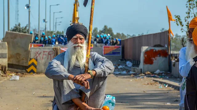 An elderly farmer while participating in the 'Black Day' protest at the Punjab-Haryana Shambhu border