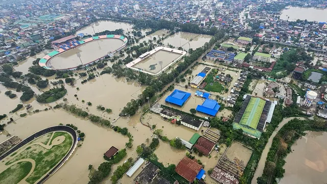 A flood-hit area following heavy rainfall in the aftermath of Cyclone Remal, in Imphal, Thursday, May 30, 2024