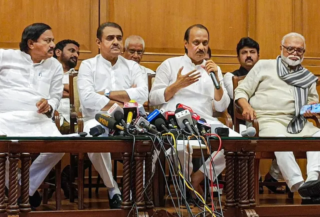 Maharashtra Deputy Chief Minister Ajit Pawar with Chhagan Bhujbal, Praful Patel, Sunil Tatkare and others during a press conference, in Mumbai