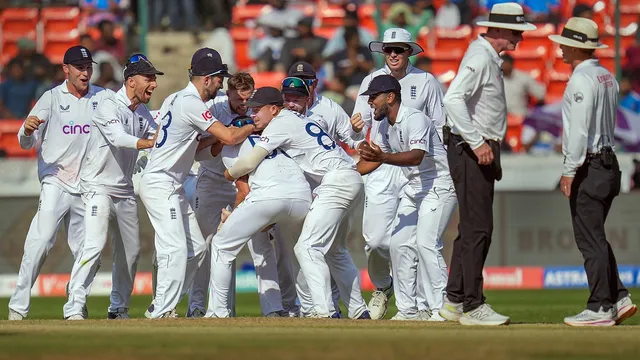 Ben Stokes and teammates celebrates during the fourth day of the first Test cricket match between India and England