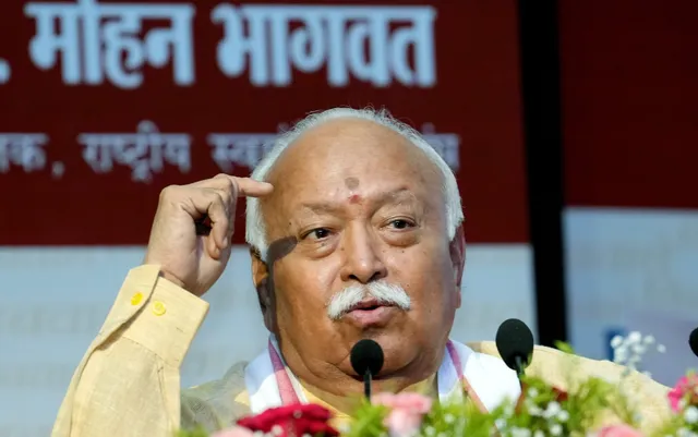 RSS chief Mohan Bhagwat speaks during release of the book Prithvi Sookta authored by Ranga Hari, in New Delhi