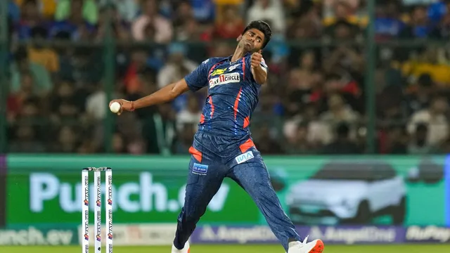 Lucknow Super Giants's Mayank Yadav during the Indian Premier League (IPL) 2024 T20 cricket match between Royal Challengers Bengaluru and Lucknow Super Giants, at M Chinnaswamy Stadium, in Bengaluru, Tuesday, April 2, 2024