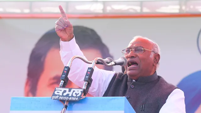 Congress President Mallikarjun Kharge speaks during a public meeting, at Samrala in Ludhiana district