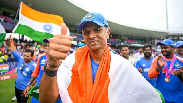 India's Head Coach Rahul Dravid poses for photos during celebration after India defeated South Africa in the ICC Men's T20 World Cup final cricket match