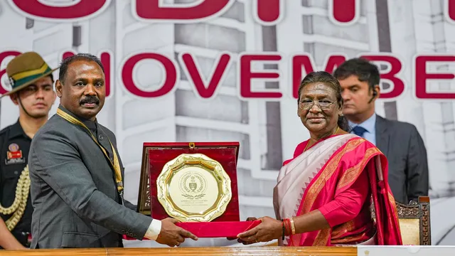 President Droupadi Murmu with Comptroller and Auditor General (CAG) of India Girish Chandra Murmu during the 3rd Audit Diwas at CAG headquarters, in New Delhi