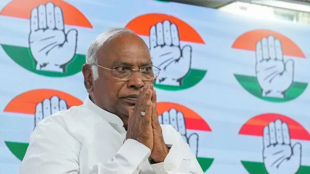 Congress President Mallikarjun Kharge addresses a press conference amid the counting of votes for the Lok Sabha elections, at the party headquarters, in New Delhi, Tuesday, June 4, 2024