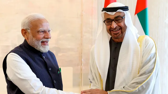 Prime Minister Narendra Modi with UAE President Mohamed bin Zayed Al Nahyan during a meeting, in Abu Dhabi, UAE