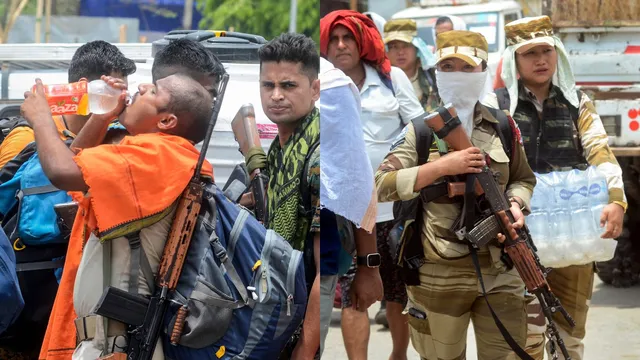 Security personnel on duty at a polling distribution center at Sasaram amid heatwave, on the eve of the seventh phase of Lok Sabha polls, in Rohtas district, Friday, May 31, 2024