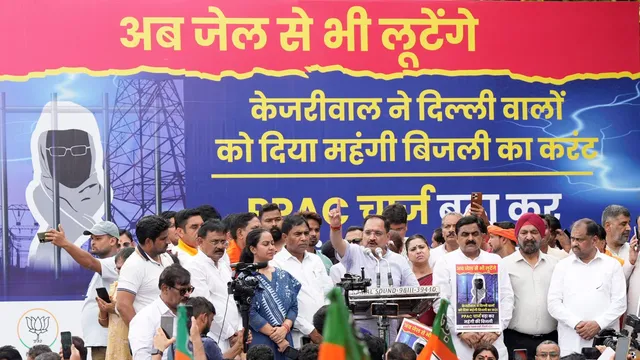 Delhi BJP President Virendra Sachdeva addresses the gathering during a protest against alleged electricity price hike, in New Delhi, Friday, July 12, 2024.