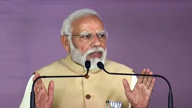 Prime Minister Narendra Modi speaks during a public meeting ahead of Karnataka Assembly elections in Humnabad on April 29