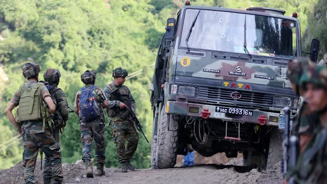 Indian Army personnel during a counter-terror operation following a terrorist attack on an Army convoy, in Kathua district, Tuesday, June 9, 2024.