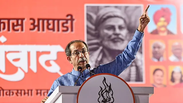 Shiv Sena (UBT) chief Uddhav Thackeray addresses a public meeting for Lok Sabha elections, in Mumbai, Saturday, April 20, 2024